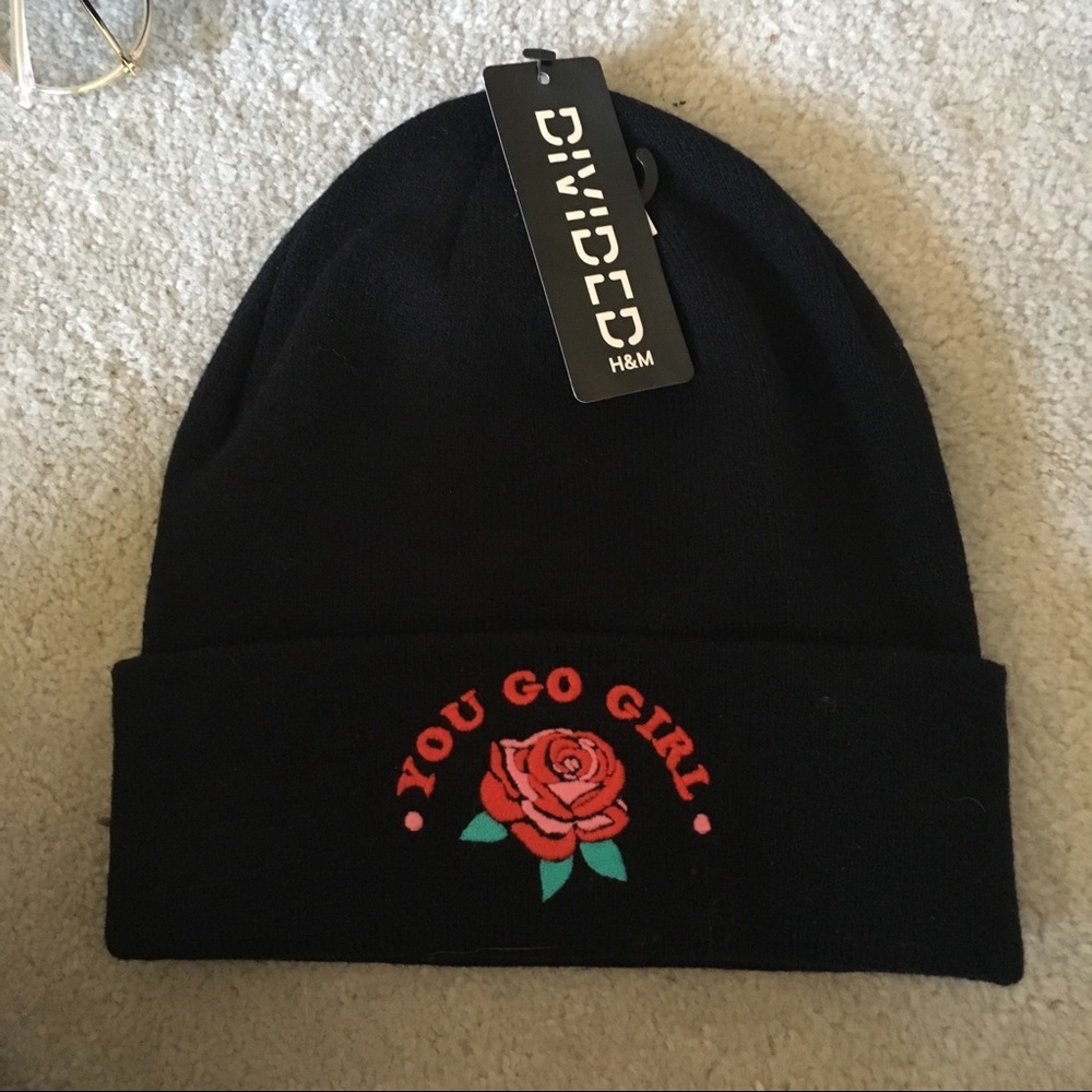 NWT black rose beanie you go girl quote grunge goth streetwear H&M city school
